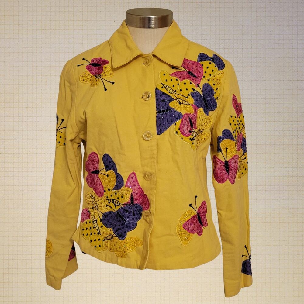 Vintage Embroidered Butterfly Cotton Jacket Anage Yellow Artistic M 36 19x17.5 - Picture 1 of 9